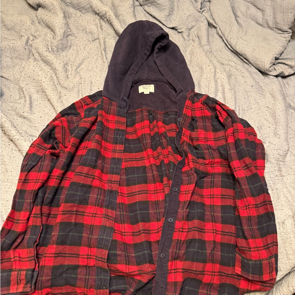 American Eagle Outfitters Red and Black Plaid Shirt with Hood